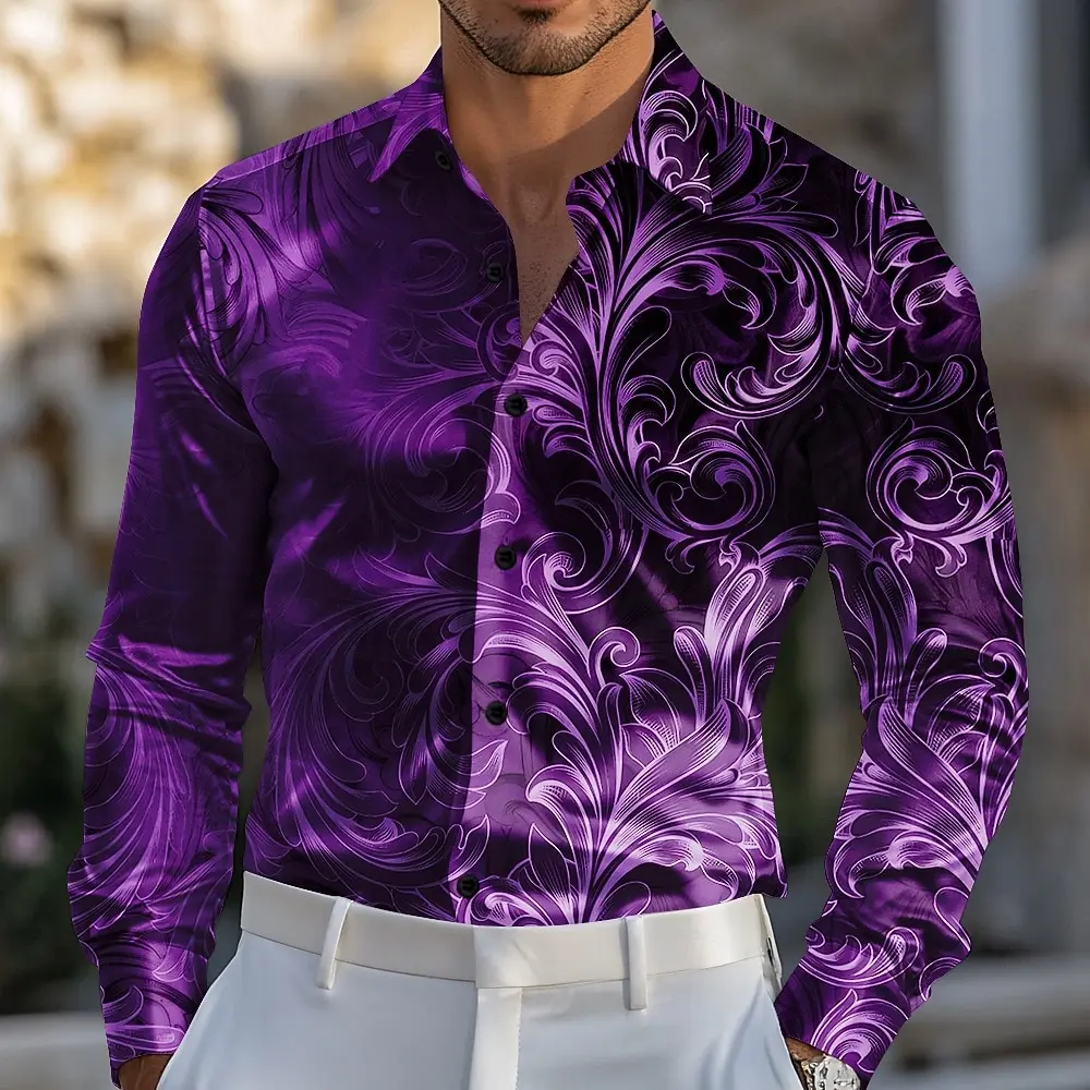 Men's Paisley Floral Print Gradient Color Shirt  Long Sleeve Vintage Retro Vacation Dailywear Spring 3D Print Button Up Shirts