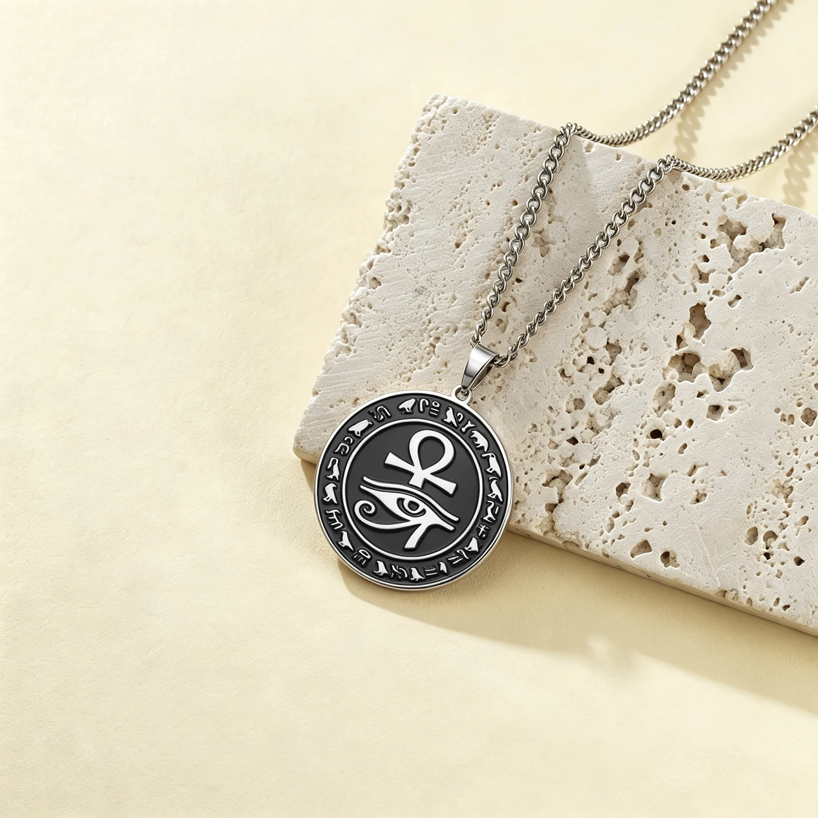 Egyptian Eye of Horus Ankh Cross Pendant Necklace Stainless Steel Ancient Egyptian Hieroglyph Symbol Talisman Neckwear Gift