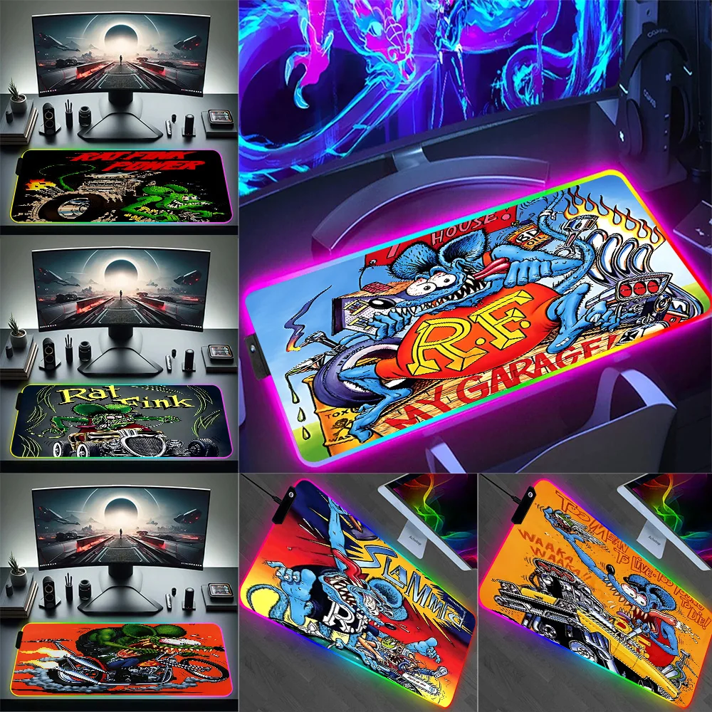 

Забавный коврик для мыши с RGB-подсветкой в стиле аниме Rat FinkS для ПК-геймеров, светодиодный светящийся коврик для мыши, резиновый игровой коврик для компьютера