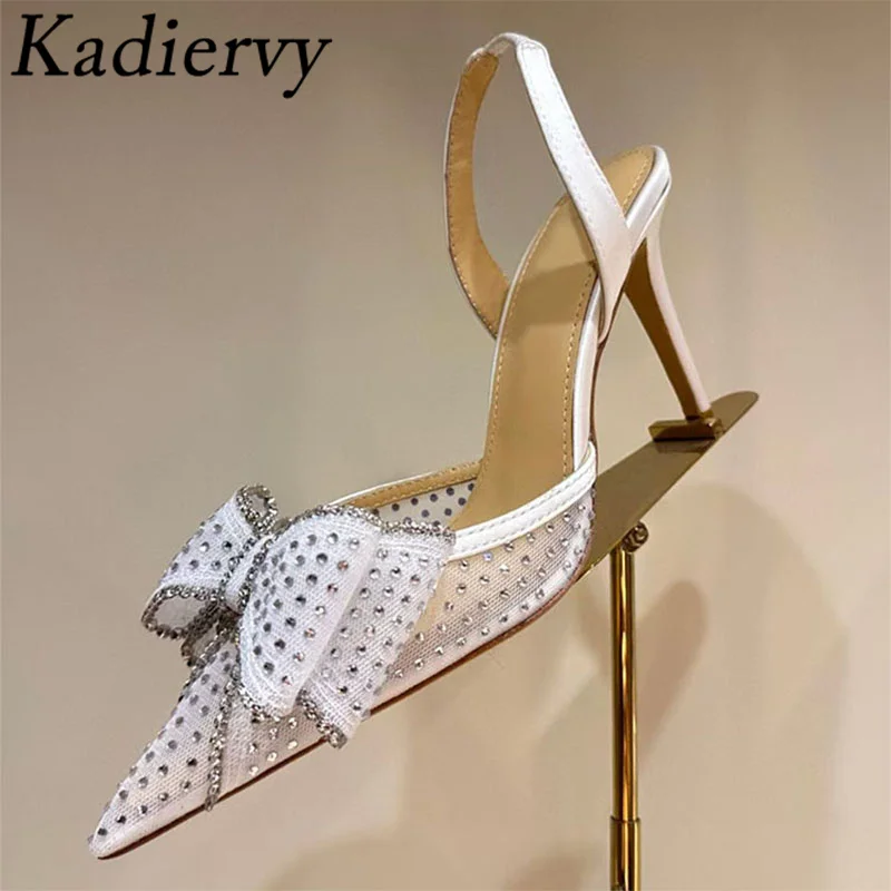 

Luxury Crystal Women Pumps Pointed Toe Mesh Rhinestone Butterfly-knot Party Dress Shoes Woman High Heels Summer Sandals Woman