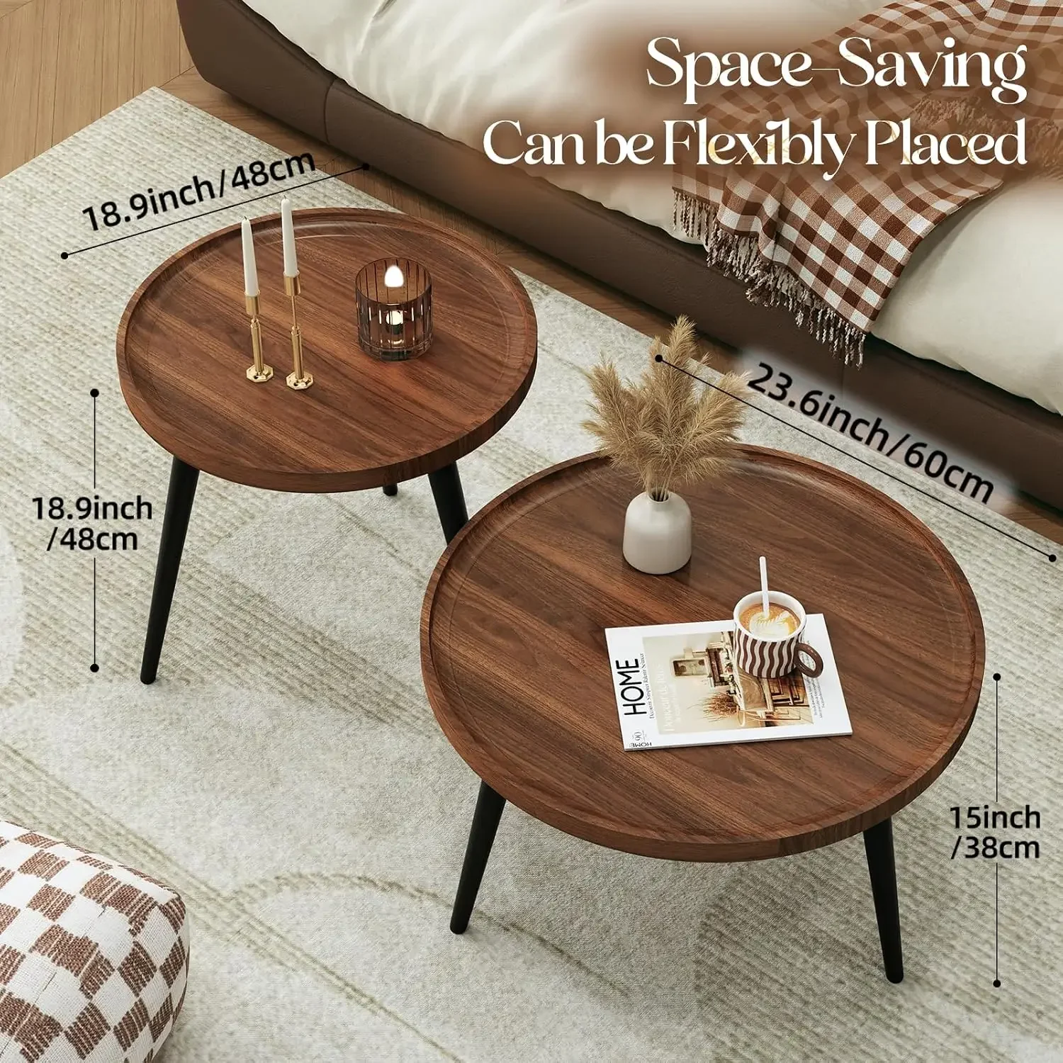 2 Pcs Mid Century Modern Coffee Table Round for Living Room,Easy Assembly Nesting Coffee Tables,Minimalist Circle Walnut