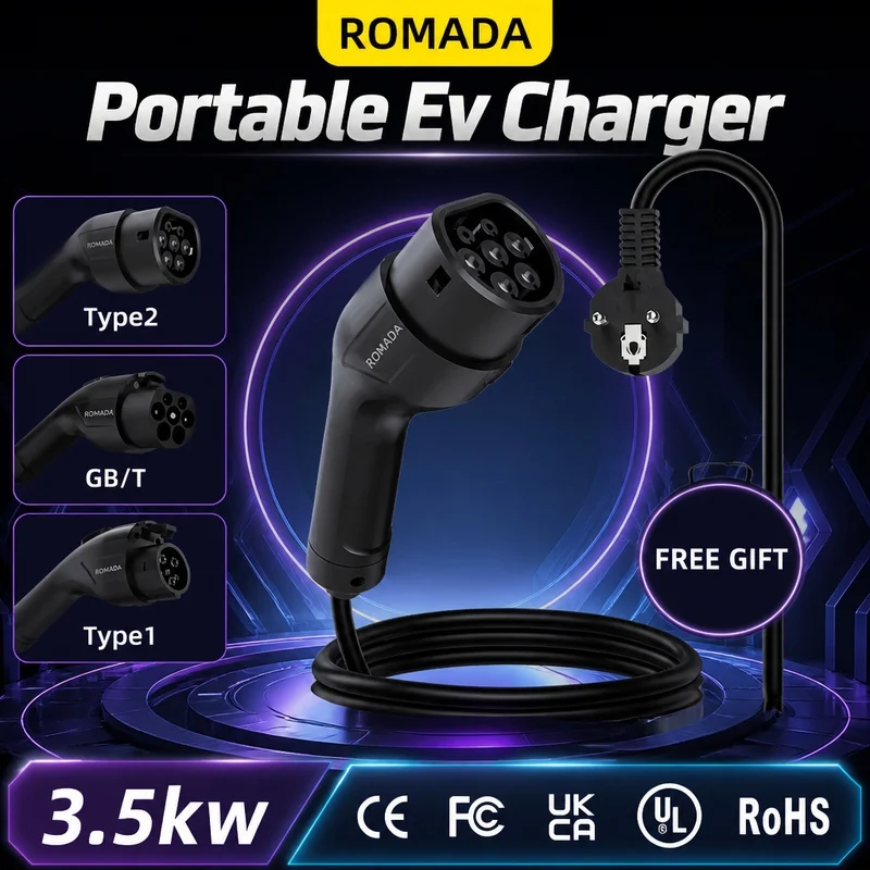 3.5KW ROMADA 16A Type2 Electric Vehicle Charger Portable GBT20234 3M 5M 10M EU Plug for Electric Vehicle Safe Home Charger
