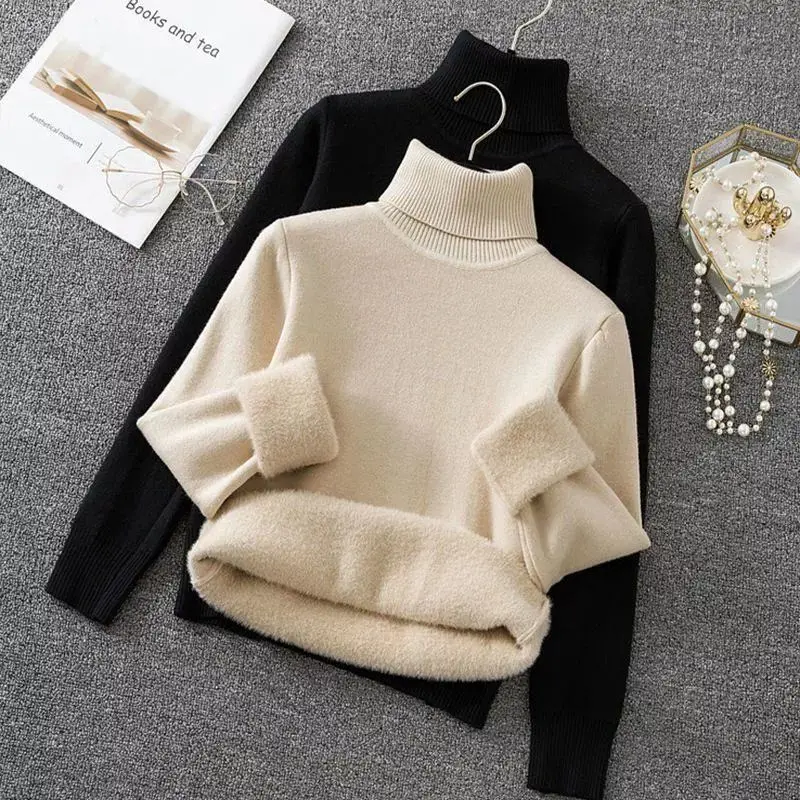 

Winter Thicken Half Turtleneck Sweater Women Pulls Oversized Sueter Warm Knit Tops Velvet Lined Slim Soft Knitwears Pullover