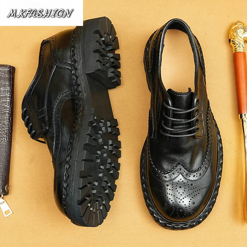 Men's Genuine Leather Business Casual Block Shoes Round Toe Thick Bottom Lace Up Flats Height Increase Footwear