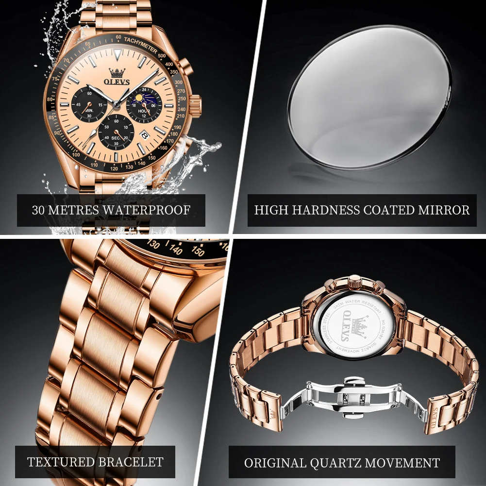 OLEVS 3618 Reloj Hombre Lujo Casual ﻿ Reloj de cuarzo de moda impermeable luminoso semana fecha Luna Reloj deportivo de negocios para hombre Reloj