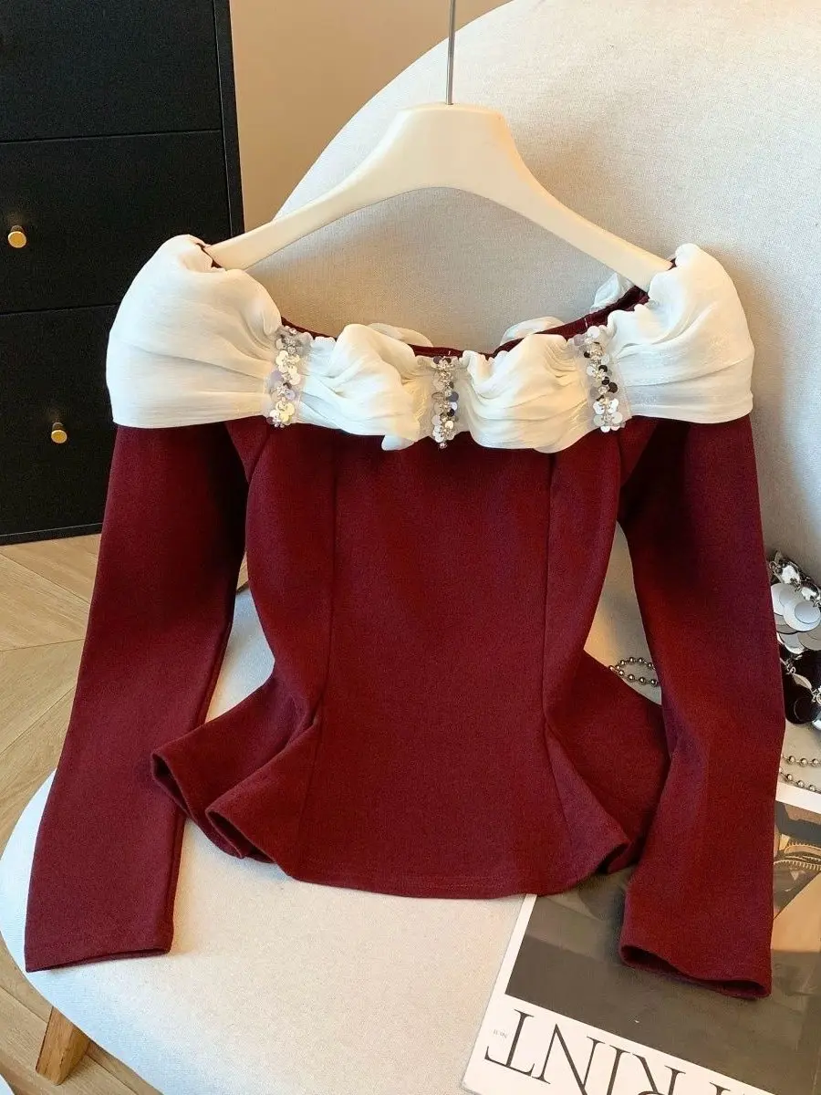 

Ele Long Sve One oulder ort T-irt Women's Faion Autumn Winter New Arrival Breathable Polyester Fiber Slim Fit