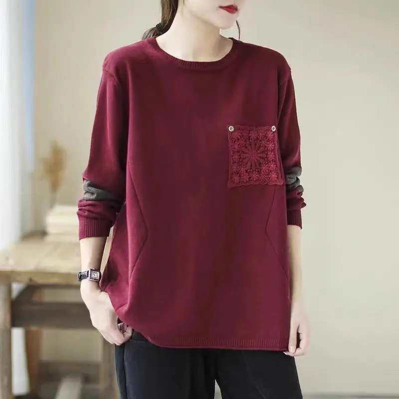 Lazy Style Soft Sweater Shirt For Woman Contrasting Colors 2023 Autumn Retro Art Versatile Loose Casual Base Knitwear z3128