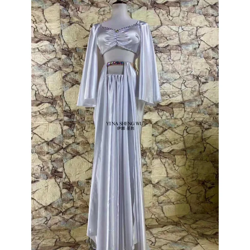 Set di costumi per spettacoli di danza del ventre da donna personalizzati, gonna lunga in raso, completo di danza orientale per adulti e bambini