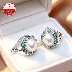 FENASY 925 Sterling Silver Natural Freshwater Pearl Earrings Green Crystal Boho Stud Earrings For Women Emerald Wedding  Jewelry