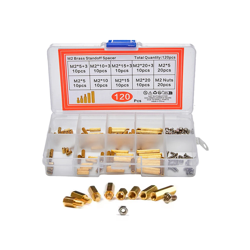120PCS M2 Knurled Brass Standoff Kit Male Female Copper Isolation Column M2 Screws Nuts Assorted Hardware Spacers for PCB Board