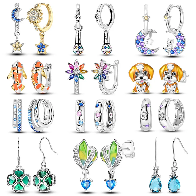 

Silver Plated Hoop Earring Dog Moon Star Clover Pendientes For Woman Jewelry Gift