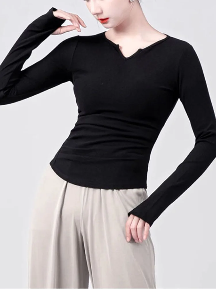 الصلبة اللون الخامس الرقبة طويلة الأكمام سليم صالح الأعلى Ruched غير النظامية هيم أداء الرقص الحديث ارتداء مرحلة الباليه ممارسة قميص