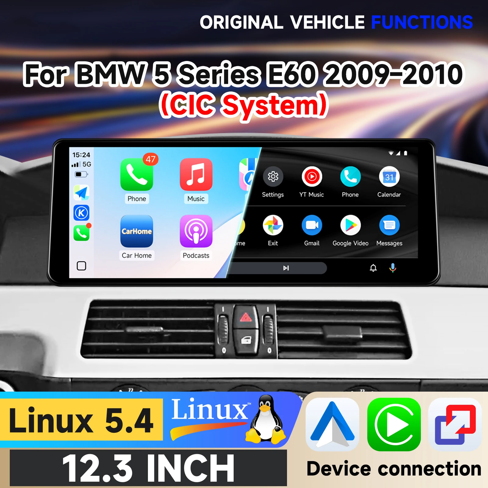 Hizpo 12,3'' Kabelloses CarPlay Android Auto Multimedia-Display für BMW 5er Serie E60 E61 E63 E64 CIC Touch-Display Airplay Autoradio-Player Stereo GPS-Navigation Audio Original Auto-CD-Player IDrive