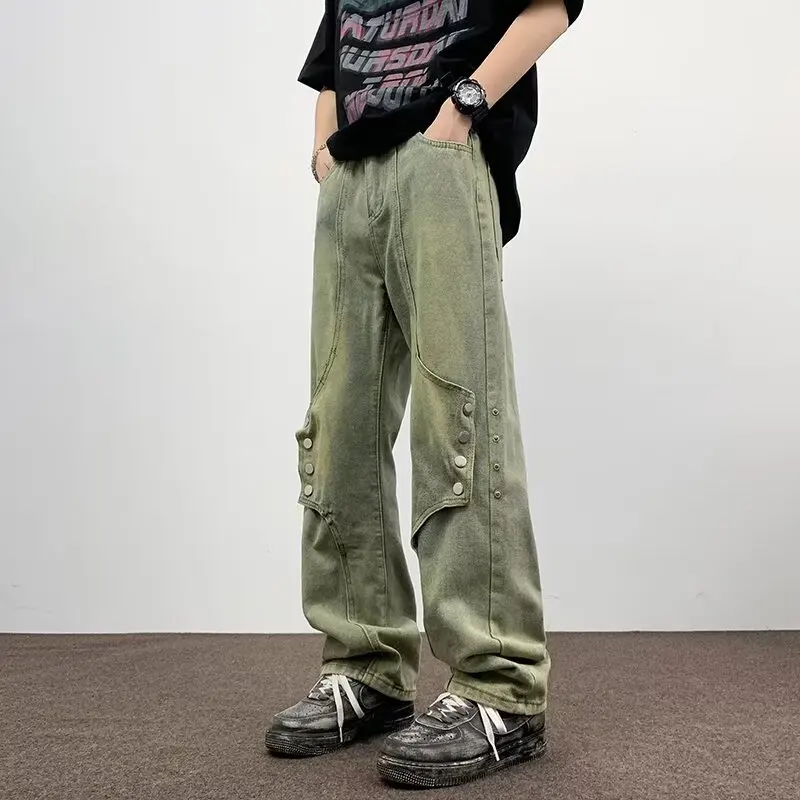 Autumn And Winter New Japanese Overalls Jeans Men And Women American Retro High Street Micro-la Washed Wide-leg Straight Pants