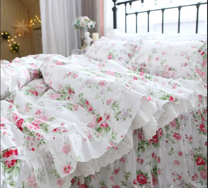 

Four-piece set Korean pastoral princess wind pink rose flower printing and dyeing lace cotton bed skirt bedding quilt cover 1Pc
