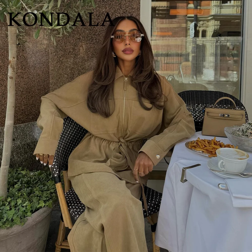 KONDALA 2025 Herbst Winter Streetwear Solide Frauen Lace Up Anzüge Mode Elegante Turndown Kragen Zip Up Jacken Chic Breite Bein Hosen