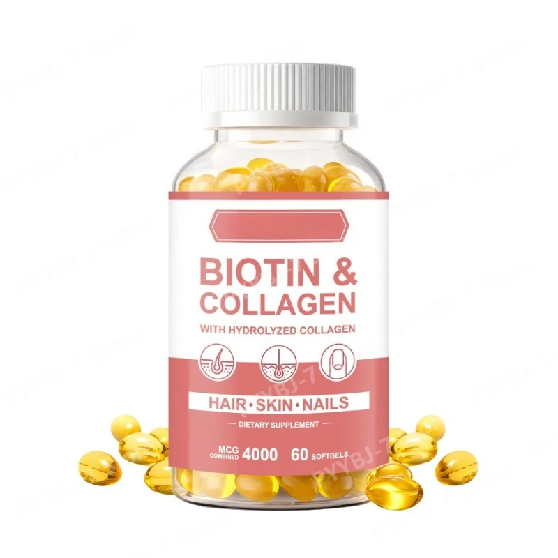 Biotin 4000 Mcg with Hydrolyzed Collagen Softgel for Hair Skin Nails, Zinc Vitamin C and Silica Dietary Supplement 60 Softgels