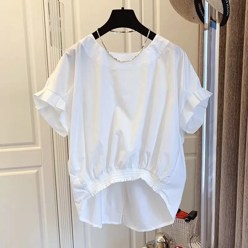 Damska letnia bluzka typu nietoperz plus size, modna bluzka z obniżoną talią, elastycznym dołem, uniwersalna, codzienna bluzka.