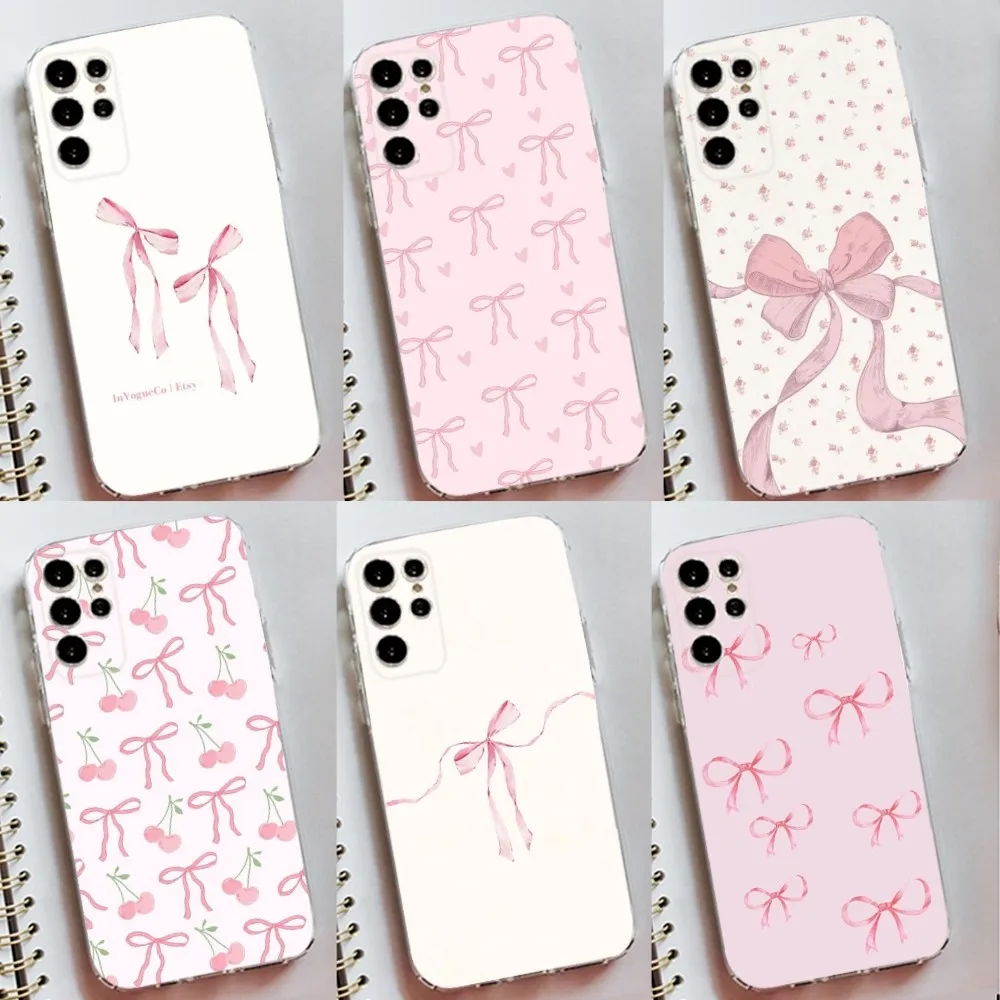 Korean Cute Pink Bow Phone Case Silicone Case For Samsung S30,S23,S21,S22,S20 Ultra,S20 FE lite,S10,S9,S8 PIus Cover Clear