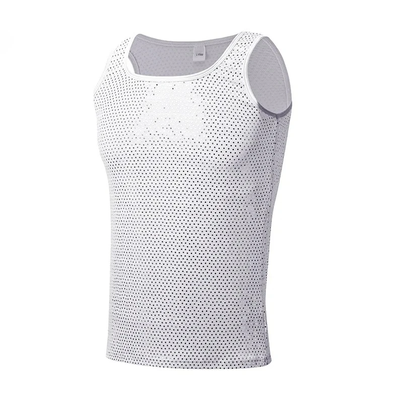 Sleeveless Muscle Top for Men Breathable Gym Training High Elastic Cool Feel Sports Vest Bodybuilding Gays Shiny Nightclub Tanks