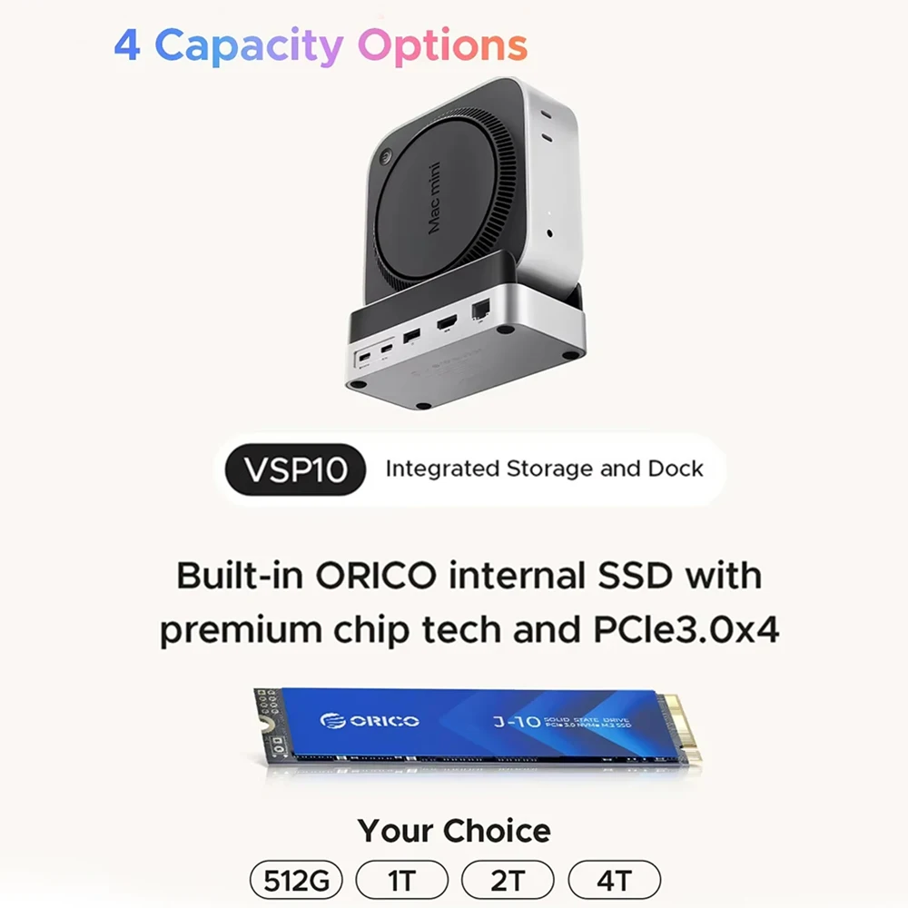 توسيع ORICO USB HUB MiniDock لمحطة إرساء Mini M4&M4 Pro USB3.2 Gen2 Type C مع خيارات 4T 2T 1T M.2 NVME SSD