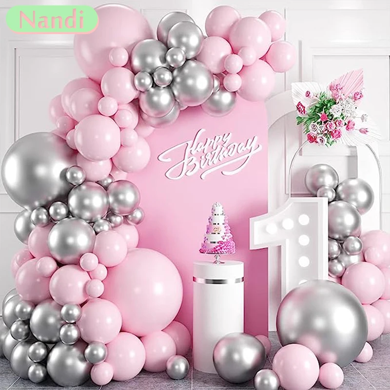 Pink Silver Balloon Set Wedding Scene Layout Children's Birthday Party Event Arch Decoration Background Wall Latex Balloon