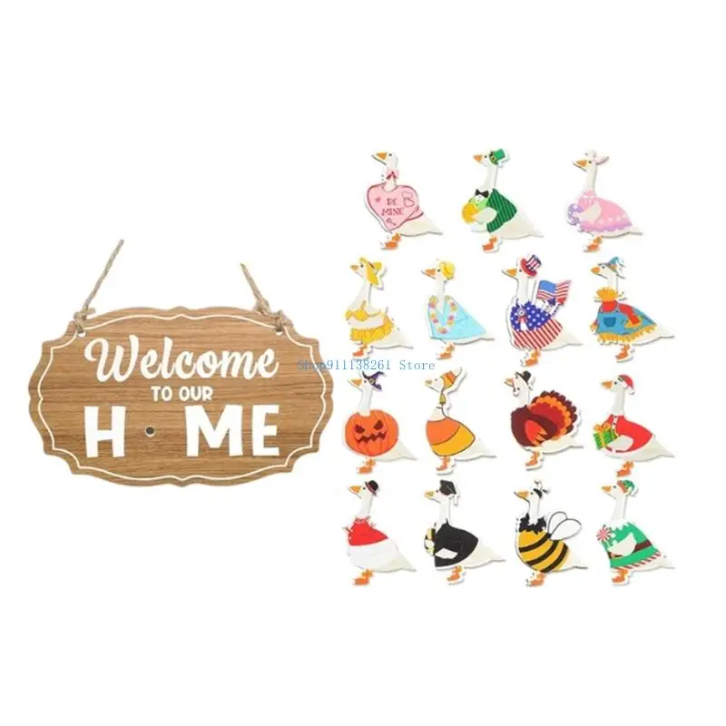 

H05E Interchangeable Seasonal Welcome Sign Front Door Decoration Porch Geese Outdoor Farmhouse Porch for Spring Summer Fall