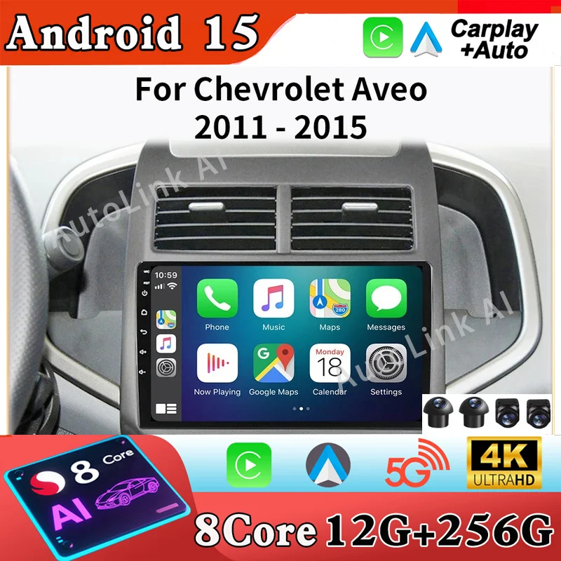 Android 15 Carplay Auto para Chevrolet Aveo 2 Sonic T300 2011 2012 2013 2014 2015 Radio de coche GPS reproductor Multimedia estéreo 2din DSP