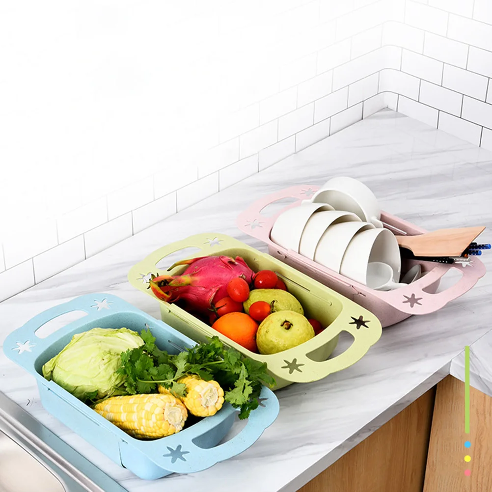 

Expandable Sink Storage Rack 37.5Cm To 48Cm Adjustable Drain Basket With Dual Handles Hollow Base For Vegetable Fruit