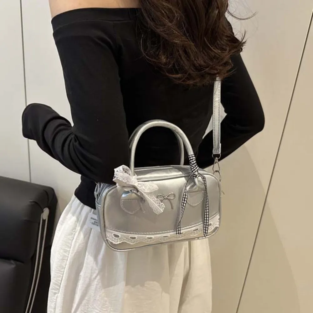 

Messenger Bag PU Leather Boston Handbag Lace Ribbon Bow Crossbody Bowling Bag Waterproof Korean Style Small Square Bag Travel