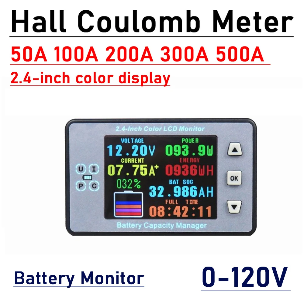 Battery Monitor Hall Coulomb Meter DC 100A 200A 500A Lifepo4 lead-acid Li-ion lithium capacity power display 12V 24V 36V 48V 60V