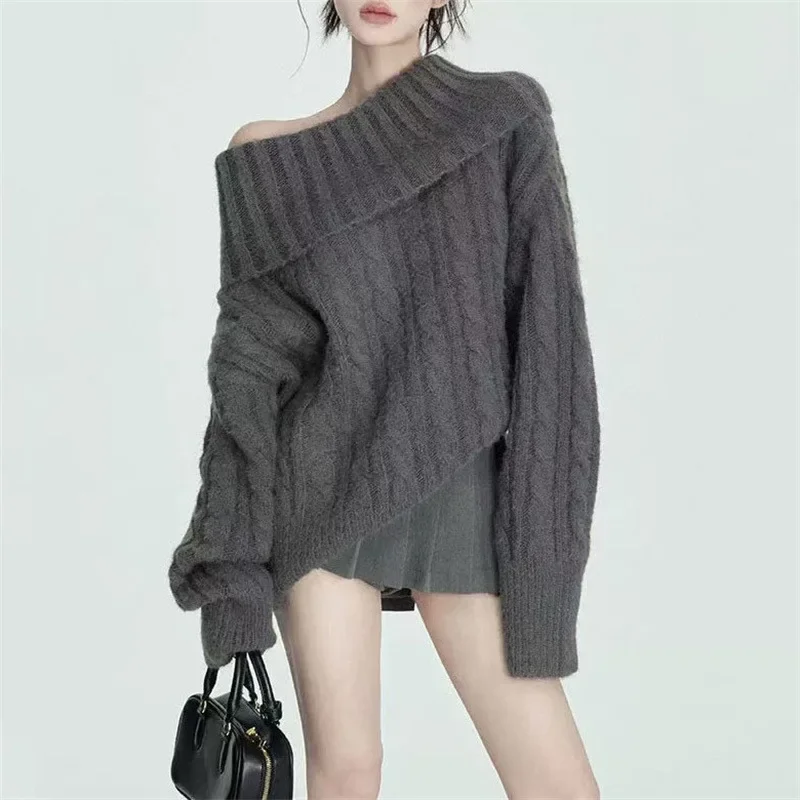 

Autumn Women Knit Pullovers Sweaters Solid Slash Neck Jumpers Warm Thick Off Shoulder Full Sleeves Loose Casual Sweater