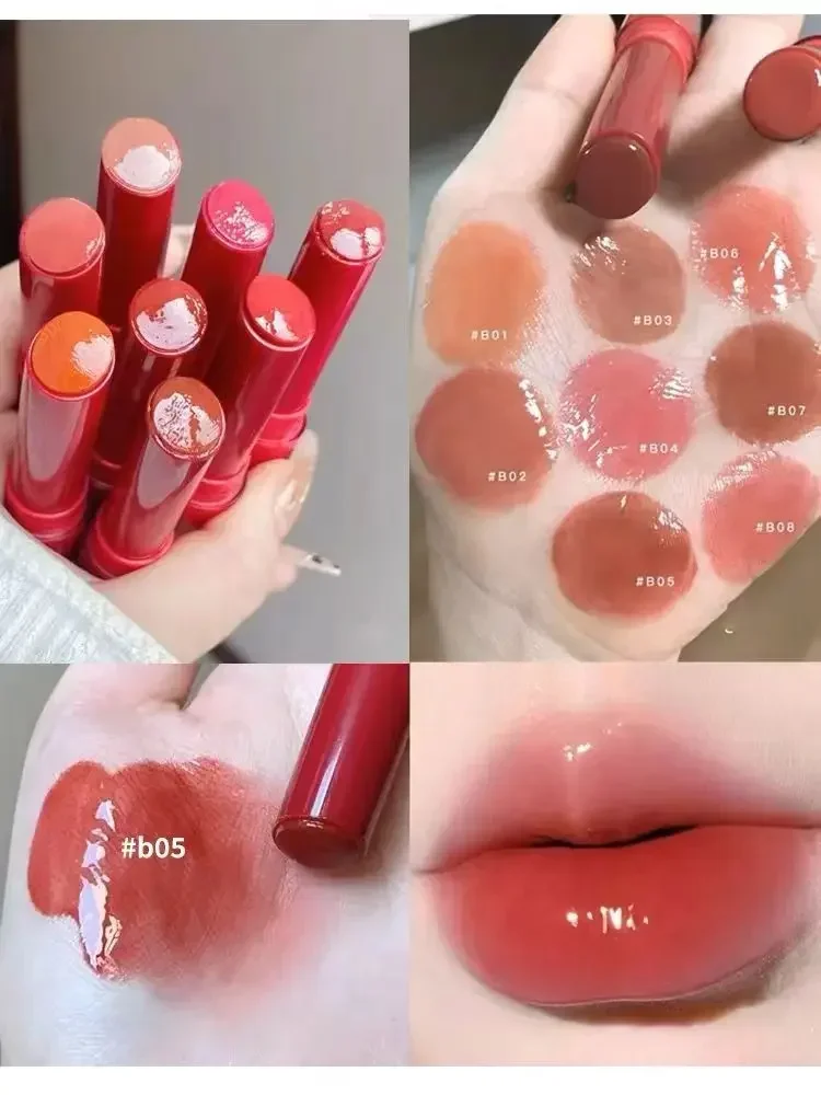 Brillo de labios rojo con boca de brillo dulce alto, espejo de vidrio Natural sin teñir, brillo de labios transparente liso