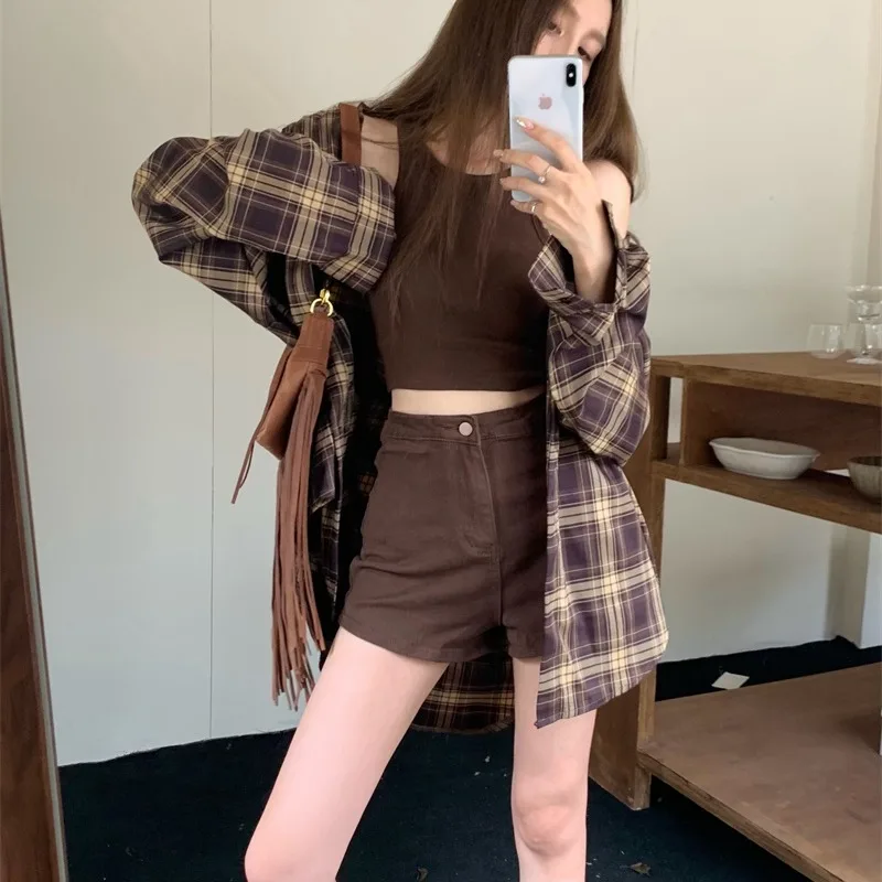

Summer New Lazy American Retro Plaid Shirt Cotton Vest High Waist Shorts Three Piece Set Women's Loose Fit Fashion Ensemble