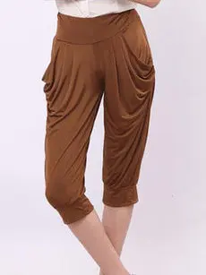 กางเกงเลกกิ้งครอปสีพื้นลำลองสำหรับผู้หญิง สไตล์สตรีท ขาเจ็ดส่วน เอวยางยืด ผ้าโพลีเอสเตอร์ทรงฮาร์แลน