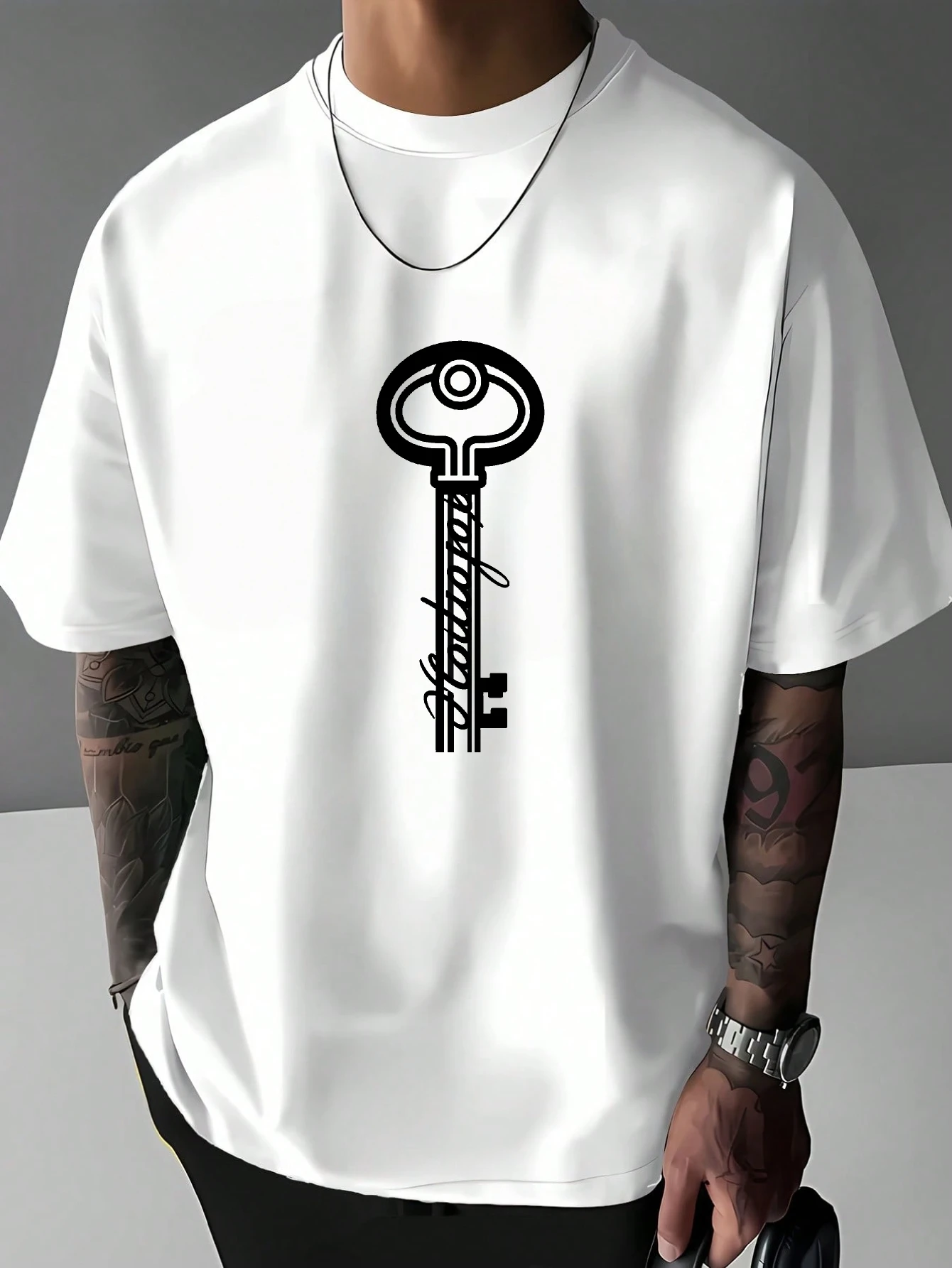 Mes Vintage Skeleton Key Graphic T Shirt Minimalist Cursive Letter Art Print Short Sleeve Crew Neck Casual Cotton Male Daily Tee