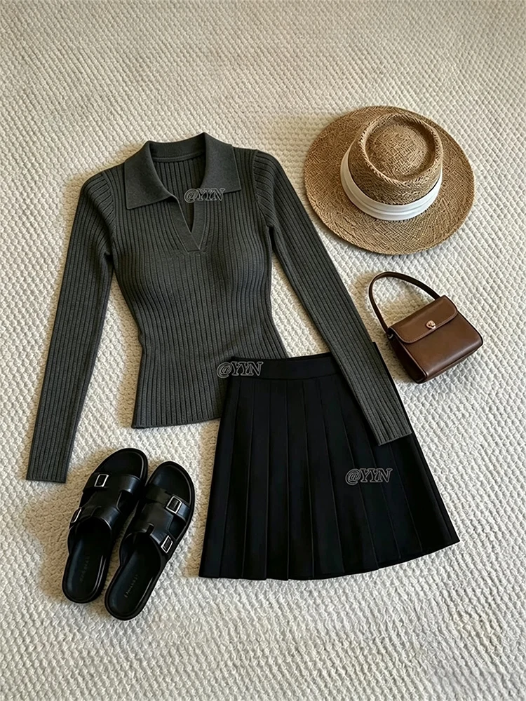 Autumn Fashion Slimming Anti-Aging Women's  Neck Knitwear Skirt Set College Style Two-Piece Suit Elegant Youthful Look