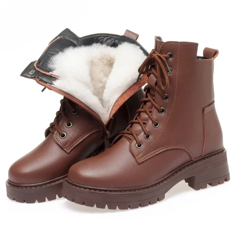 

2025 New High Quality Genuine Leather Plush Women's Ankle Boots Winter Warm Wool Women's High-heeled Snow Boots Botas Para Mujer