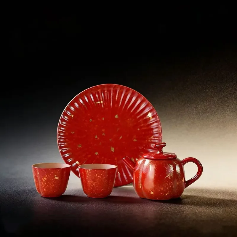 Lacquer tea set Fuzhou lacquer handmade rhino skin red gold one pot two cups easy to carry travel tea set