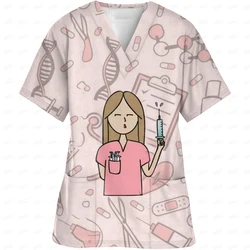 Women's T-Shirt Female nurse injected Print Top V-Neck Female Veterinary Nurse Uniform Short-Sleeved Double Pocket V Neck Scrub