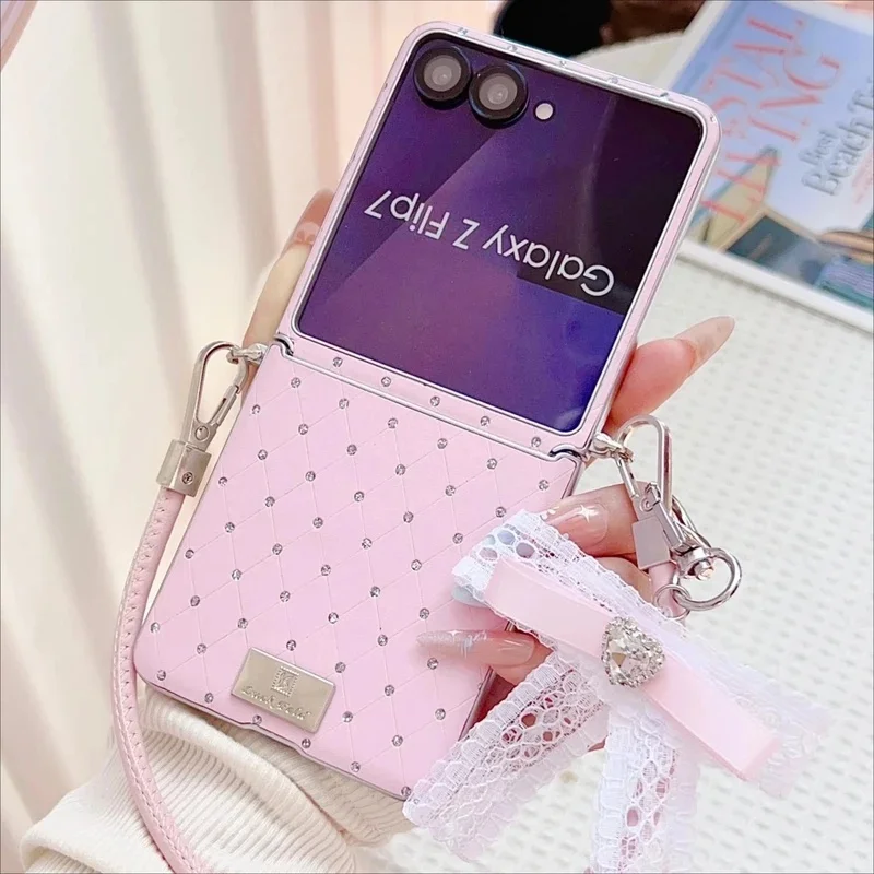 Korean Glitter Rhinestone Rhombus Phone Case with Bow Pendant Strap for Samsung Galaxy Z Flip 8 Z Flip6 ZFlip 5 Z Flip 7FE Cover