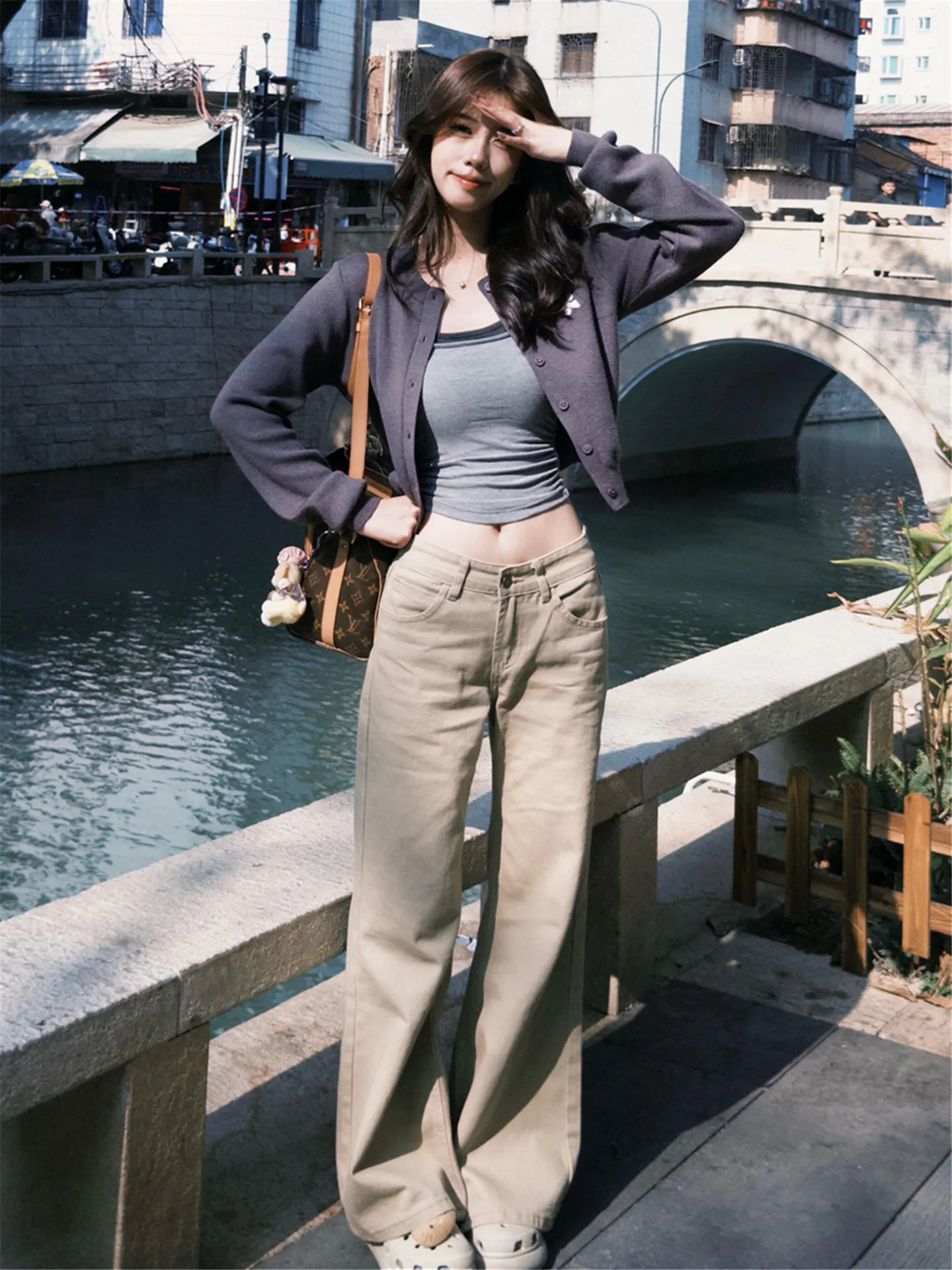 

American Retro Khaki Loose Women's Jeans Low Waist Bell Bottoms Long for Taller Ladies Casual Cotton Soft No Stretch