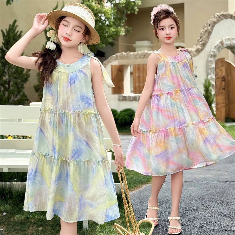 Girls Summer Dress Baby Girls Halter Neck Sleeveless Dress Child Oil Painting Print A-Line Sundress Kids Beach Dress