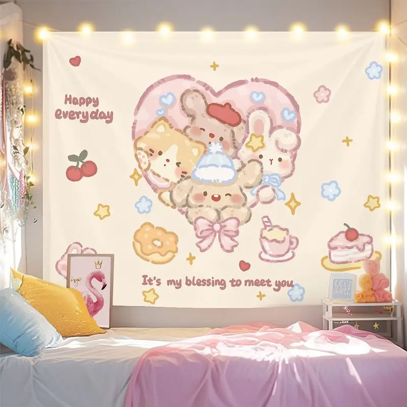 VIKAMA Love Small Animal Tapestry Pink Rabbit, Cat, Dog Dessert Cartoon Background Cloth Warm Tapestry Room Decoration