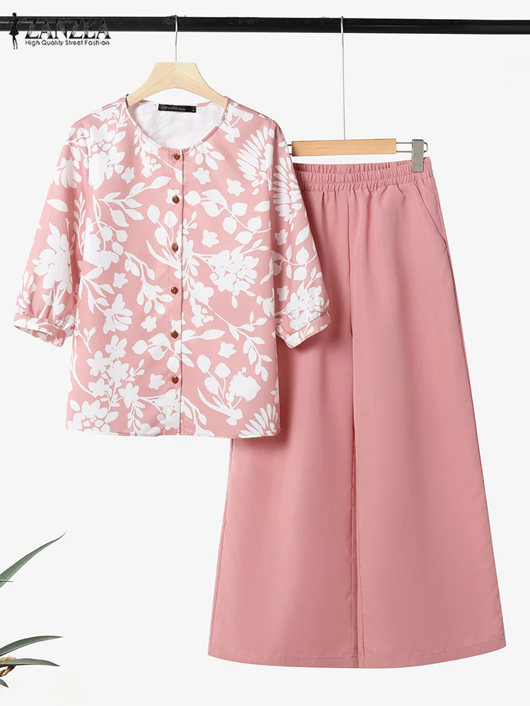 

ZANZEA 2025 Spring Women's 2PCS Outfits Casual Elegant Holiday 3/4 Sleeve Floral Shirts Pant Sets Solid Wide Leg Pants Suits