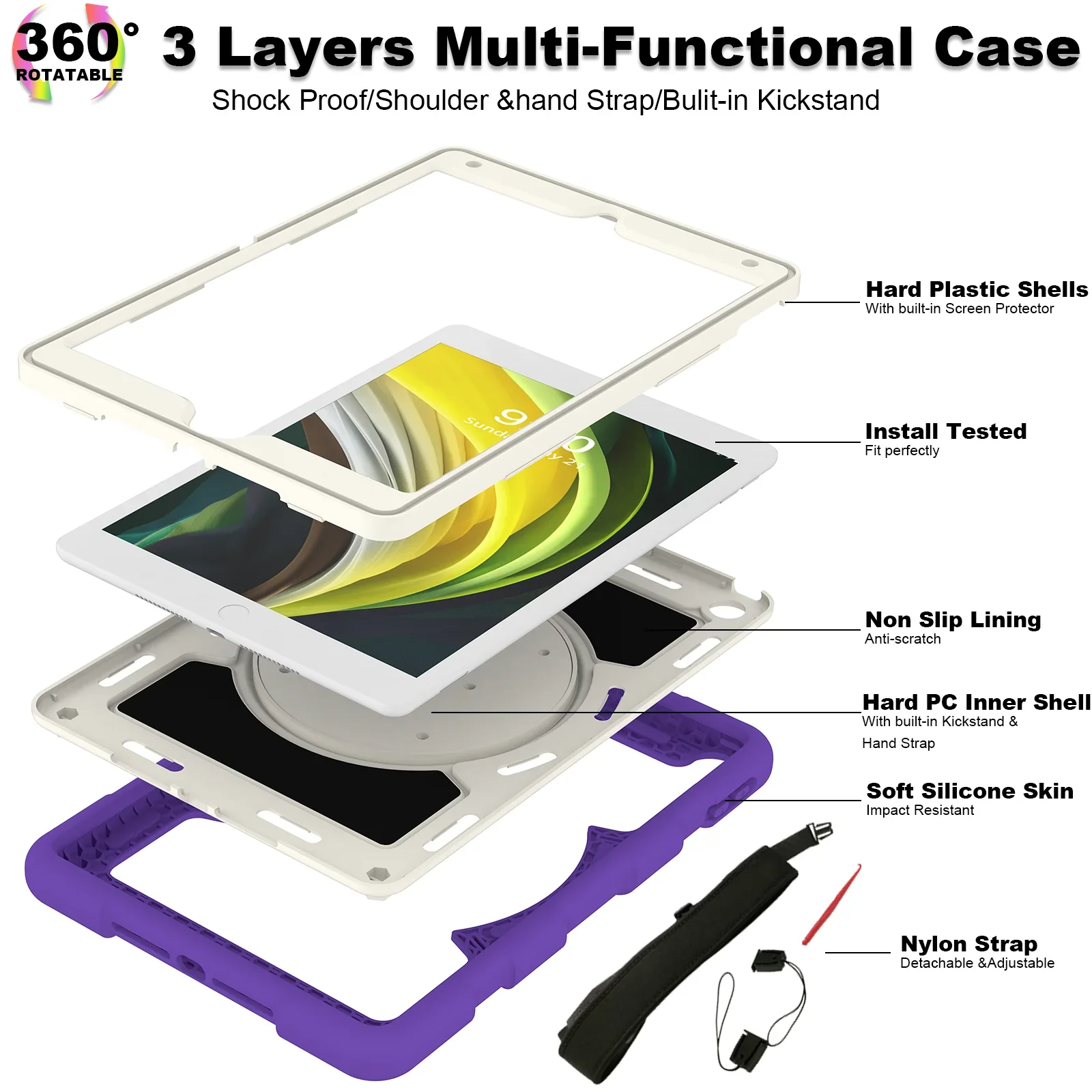 360 ° Funda giratoria de PU con correa para el hombro y soporte para iPad 7 8 9 10 2022 10,2 Air 4 5 10,9 pulgadas