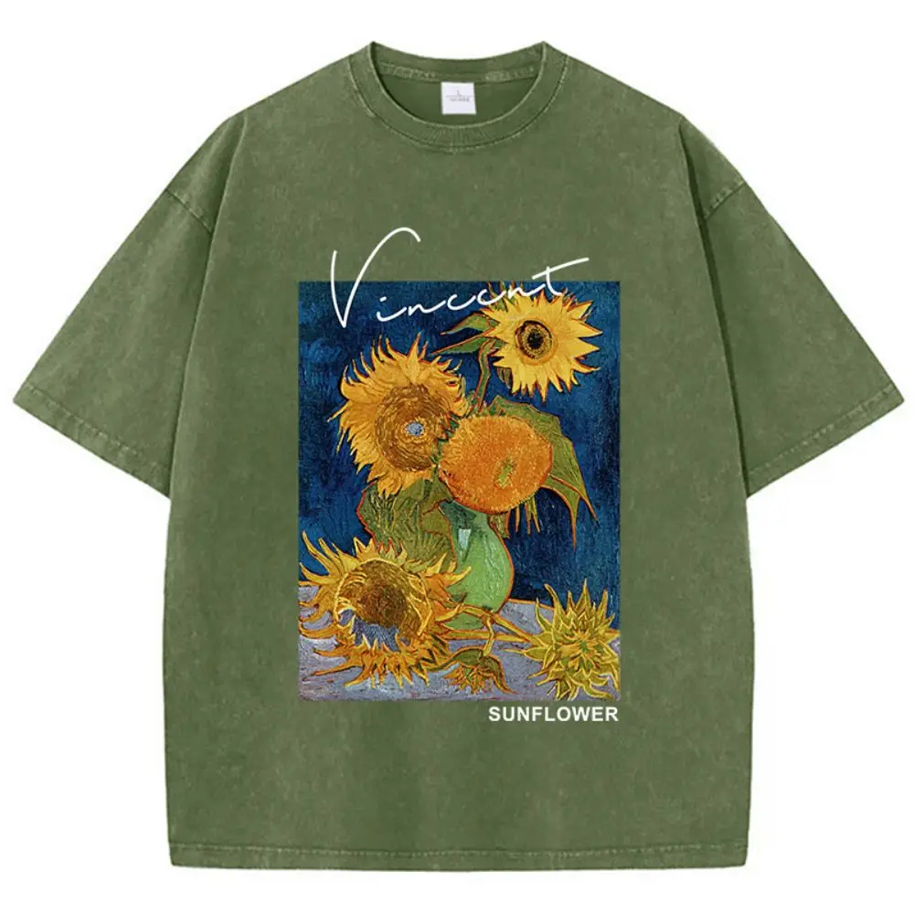 Casual Womens Cotton Washed T-Shirts Van Gogh Sunflower Printing Short Sleeve O-Neck Breathable Soft Tops Fashion Female Clothes