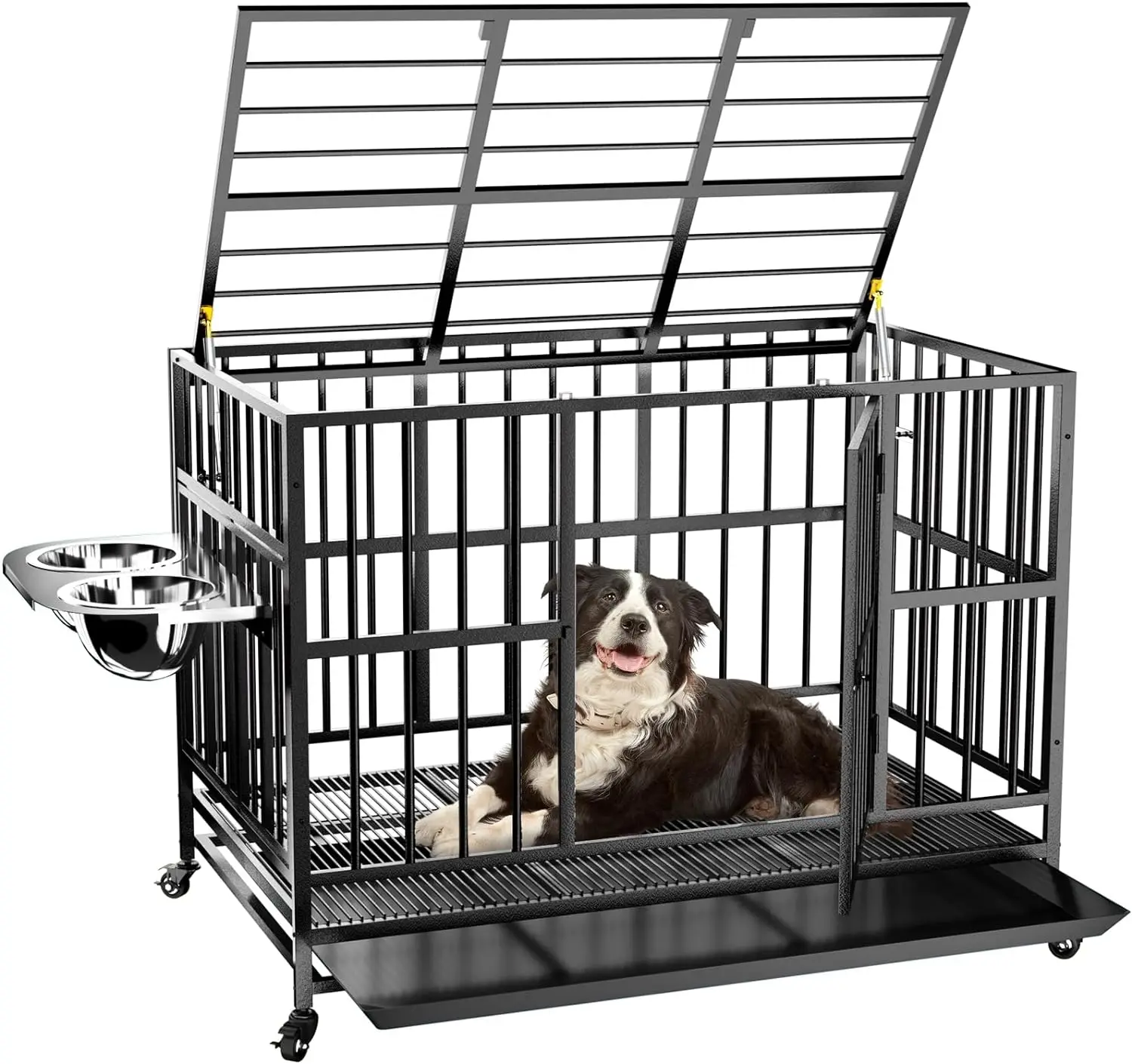 

LOVMOR 43" Heavy Duty Dog Crate with Unique Air Lift Rod/Wheels/ 360° & Adjustable 2 Bowls, Extra Medium Dog Crate