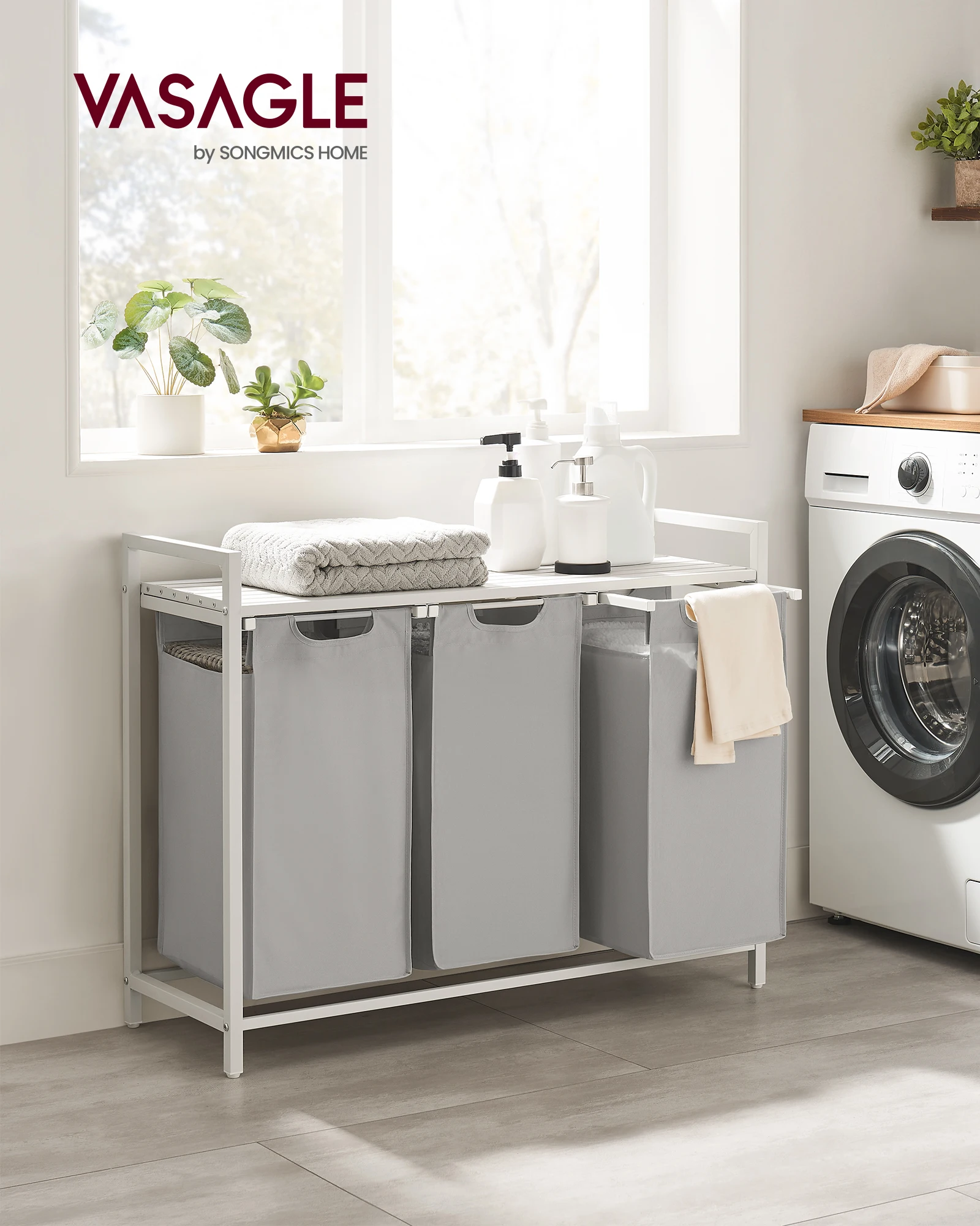 Panier à Linge, 3 Sacs Amovibles en Tissu Oxford, Étagère, Cadre en Métal, 3 x 38L, 92,5 x 33 x 72 cm, Gris Tourterelle