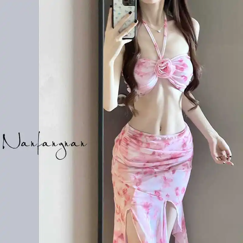 

New Pink Bikini Floral Split Skirt Swimsuit Women's Three-piece Vacation Seaside Ins Pure Desire Bathing Suit Women